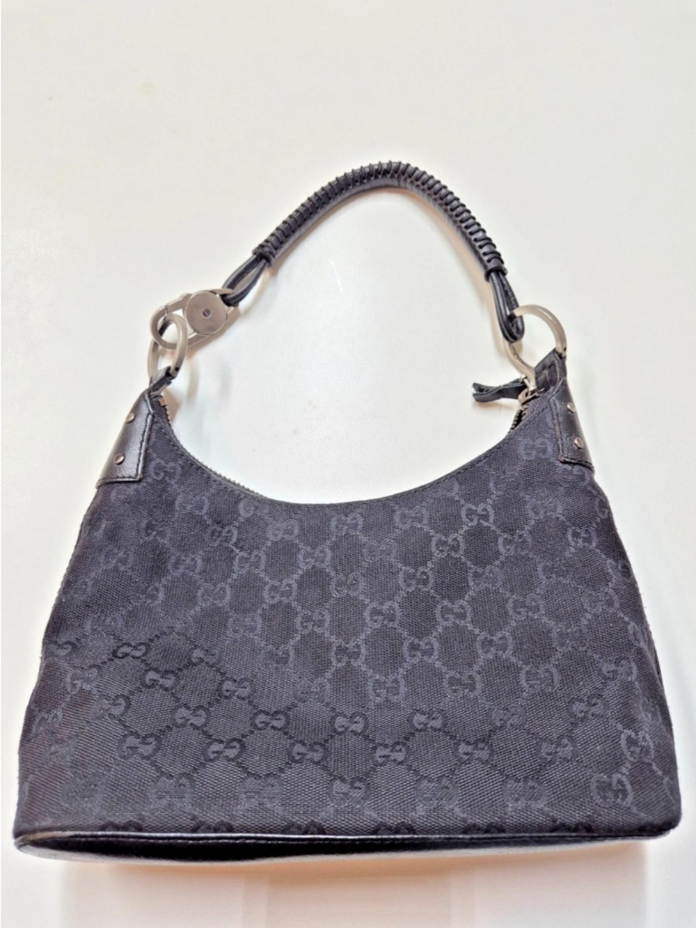 Gucci Black GG Canvas Shoulder Bag with Braided Handle
